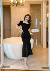 Square Collar Mesh Detail Mermaid Dress S / Black